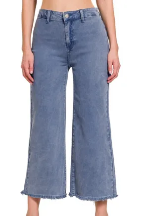 Zenana Kenzie Acid Washed Cropped, Denim Pants/Jeans-Flared, Frayed Hem-Blackberry (Blue-ish Color)