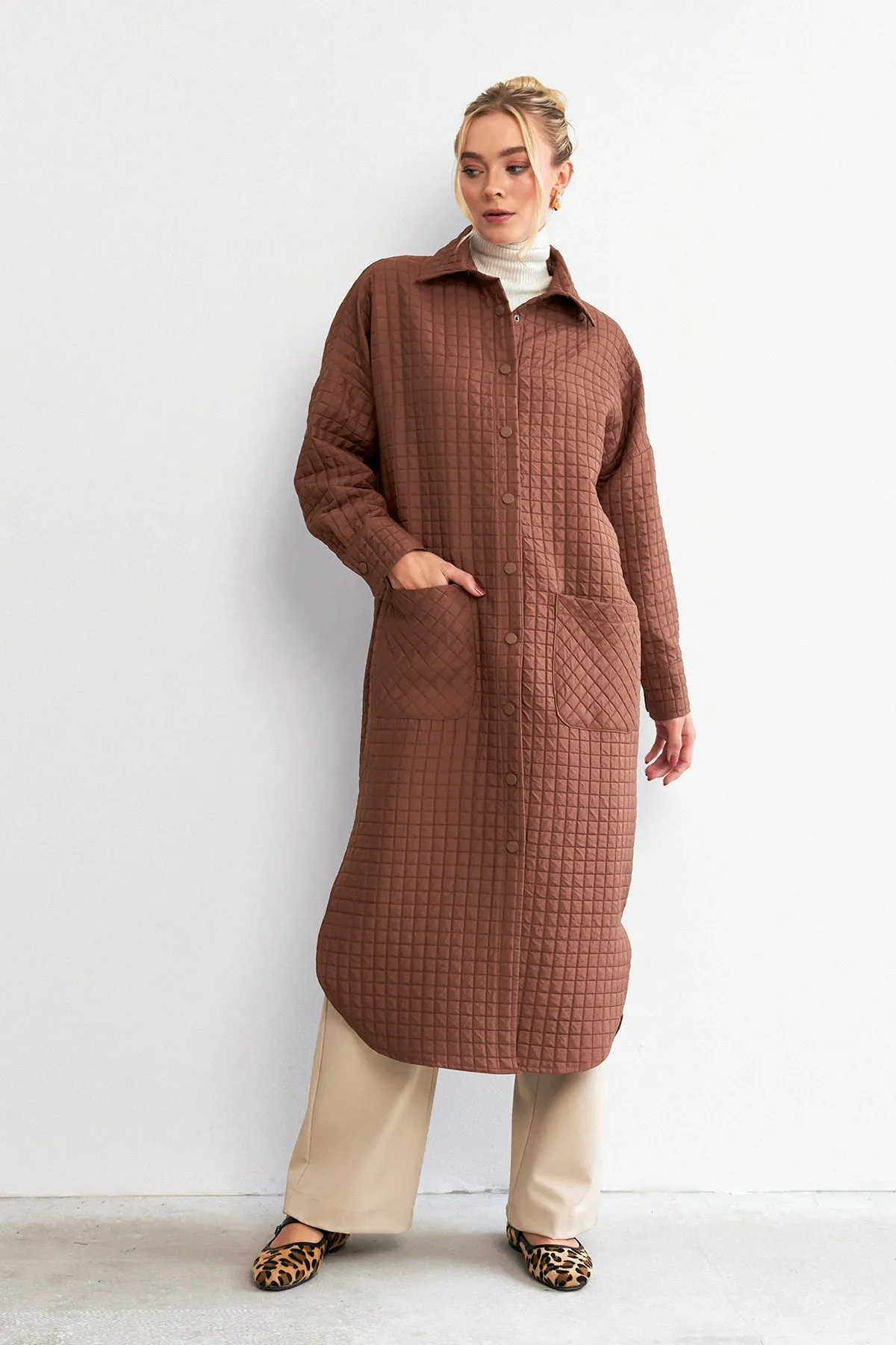 ZRF Women Quilted Pocket Detail Trench Coat - Brown - Casoria