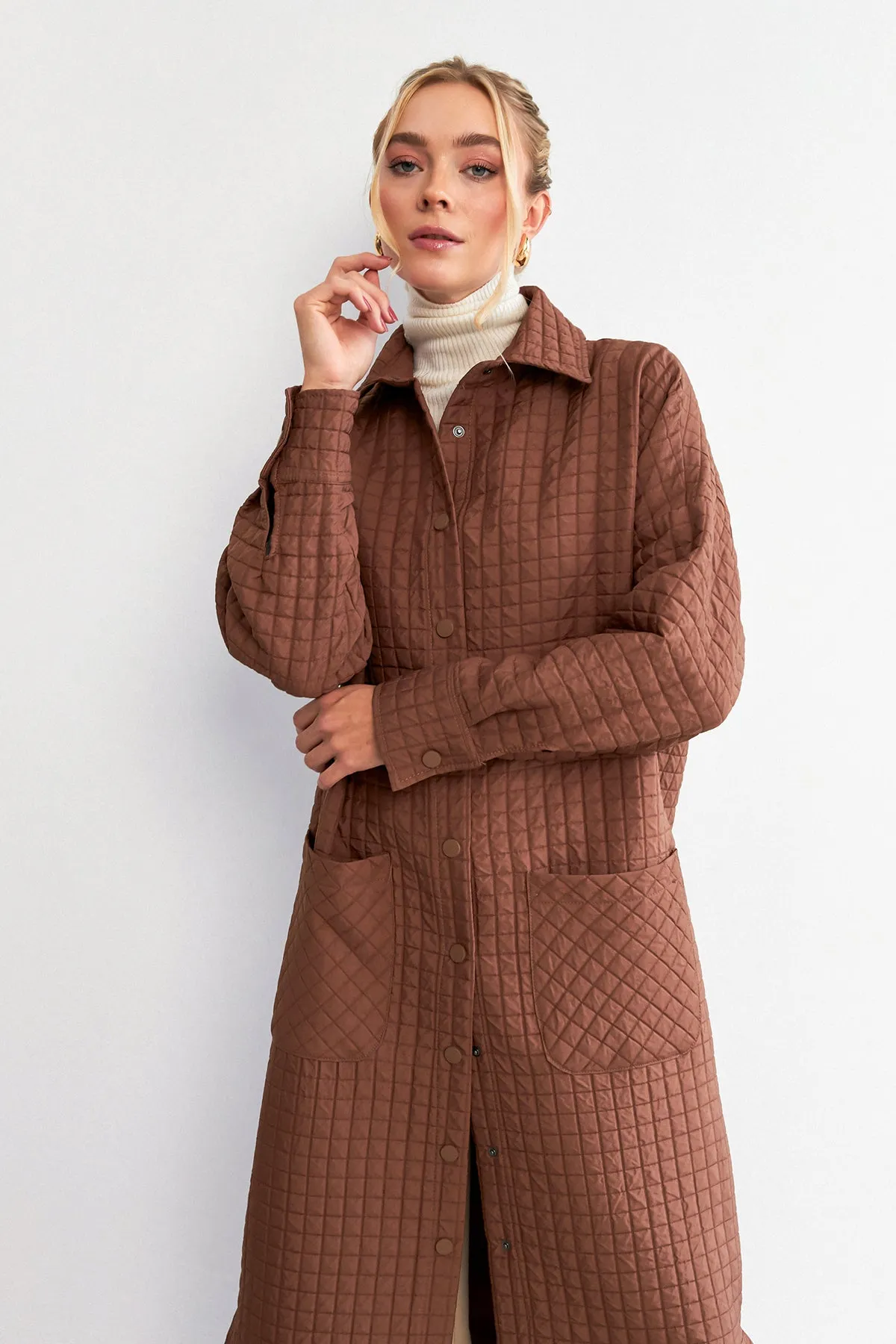 ZRF Women Quilted Pocket Detail Trench Coat - Brown - Casoria